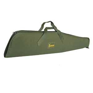 Può includere: Una custodia per fucili in tela verde con chiusura a zip e maniglia per il trasporto. La custodia ha un logo ricamato in oro che dice "Hunter Day".