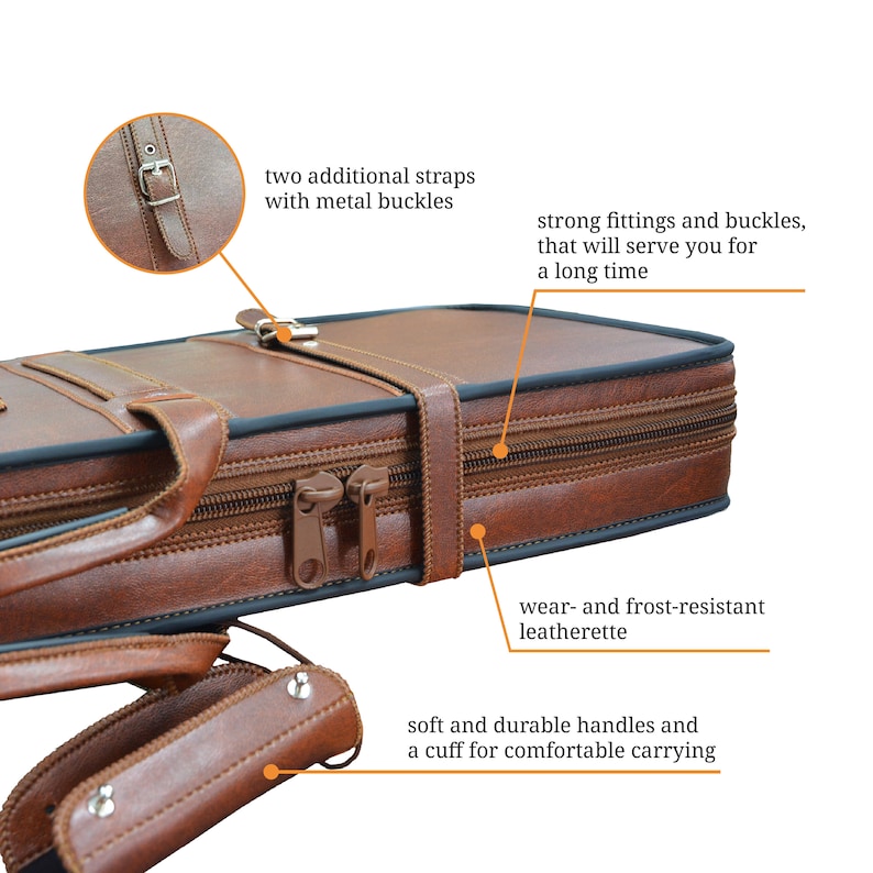 May include: Brown leather guitar case with two adjustable straps, metal buckles, and a zipper closure. The case has a soft handle and a cuff for comfortable carrying.