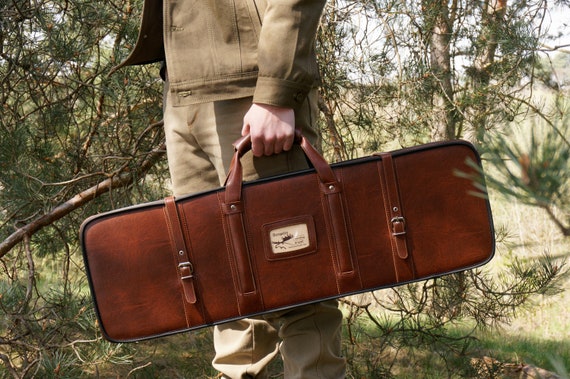 Hard shell leather handmade rigid shotgun case. Shooting, hunter's box, slip, bag, cover for 28", 30" barrels. Browning, Beretta, Benelli