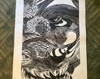 Huey Peckerhead/Bill Greider linocut artwork