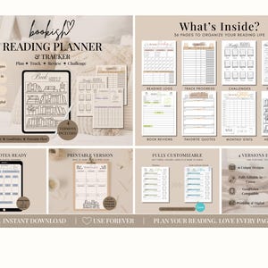 May include: A digital reading planner and tracker with the text "bookish READING PLANNER & TRACKER". The planner includes sections for planning, tracking, reviewing, and challenges. It features 36 unique designs and is fully customizable.