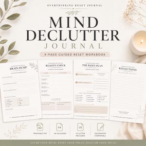 May include: A four-page guided reset workbook titled Mind Declutter Journal. The pages include sections for Brain Dump, Reality Check, The Reset Plan, and Reflections. The document is printable in PDF, A4, and US Letter formats, and is Goodnotes compatible.