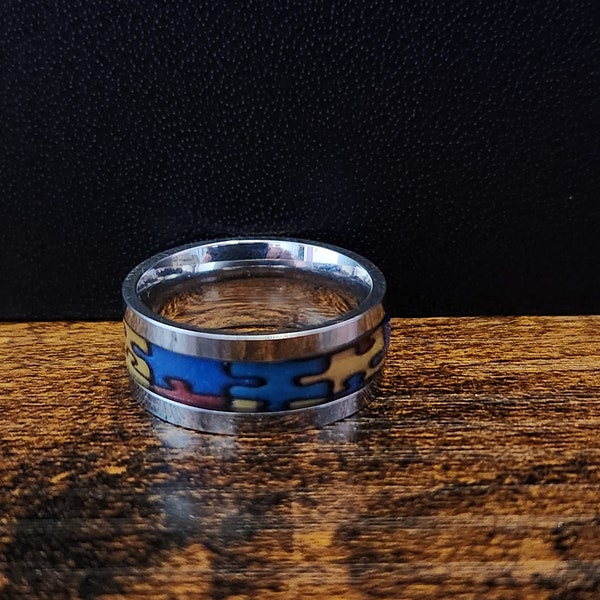 Autism awareness puzzle design ring. Stainless steel.