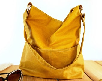 mustard yellow hobo bag for women, waxed canvas, vegan shoulder bag