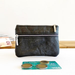 carteira preta mini | carteira vegana para cartões | bolsa com zíper duplo feita de papel lavável