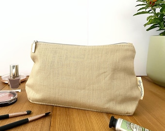Zip pouch from linen ramie, small item organizer, beige cosmetic bag, minimalist eco friendly toiletry bag, large pencil case with zipper