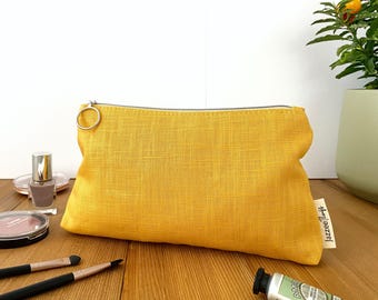 Linen ramie makeup bag, handmade yellow cosmetic kit washable, minimalist toiletry case with cotton lining, small wash pouch with zipper