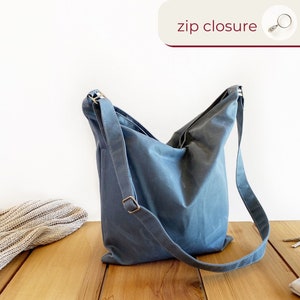 Jeansblaue Damen Handtasche aus gewachstem Canvas, Schultertasche mit Reißverschluss