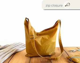 Yellow canvas shoulder bag, cross body bag with zipper for women