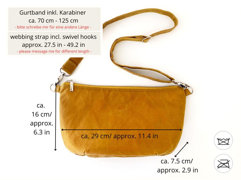 May include: A mustard yellow crossbody bag with a long adjustable strap. The bag measures approximately 11.4 inches wide and 6.3 inches tall. The strap is adjustable from 27.5 to 49.2 inches.