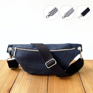 Marineblaue weiche Bauchtasche aus gewachstem Baumwollstoff (Oilskin), vegane Gürteltasche mit breitem Band für Männer und Frauen