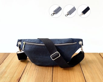 Navy blue soft fanny pack made from waxed cotton fabric (oilskin), vegan belt bag, slouchy banana bag with wide strap for men, women