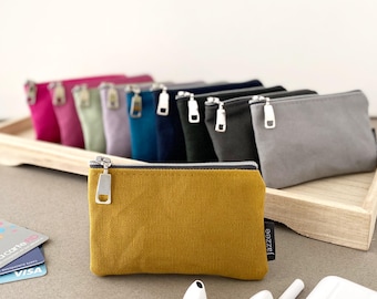 Mini canvas wallet credit card sized, vegan minimalist coin purse with zipper, pocket sized cardholder, earbuds pouch, mini medication case