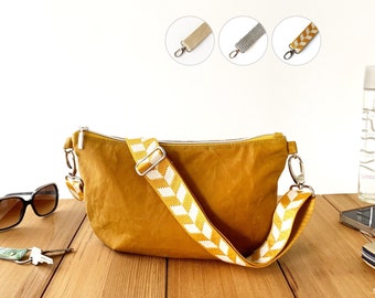 curry yellow soft slouchy crescent bag, lightweight vegan dumpling bag, underarm or crossbody banana bag, practical half moon bag women