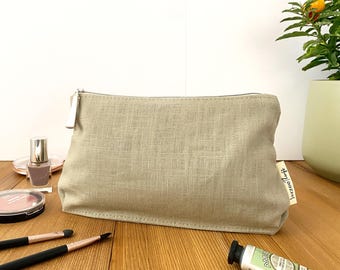Dark beige cosmetic bag linen ramie, minimalist handmade washbag, eco makeup organiser, sustainable toiletry pouch with cotton lining