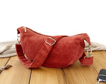 Soft cotton corduroy cross body bag, spacious zipped halfmoon bag, versatile casual banana bag, lightweight washable crescent bag, rusty-red