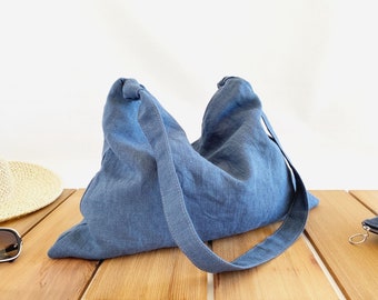 blaue Hobo Tasche für den Sommer | große Leinen Geldbörse | weiche und leichte Tasche