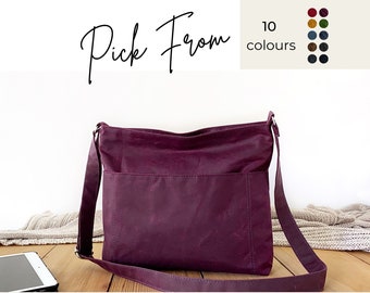 Berry medium sized cross-body bag with zipper and  external pocket, vegan handbag with adjustable strap from waxed cotton fabric (oilskin)