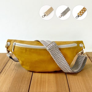 weiche curry-gelbe Bauchtasche aus gewachster Baumwolle (Oilskin), vegane kleine Crossbody-Bananentasche mit breitem verstellbaren Gurt für Damen, Herren
