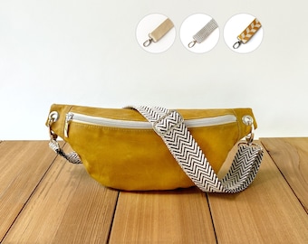 soft curry yellow belly bag made from waxed cotton (oilskin), vegan small crossbody banana bag with wide adjustable strap for women, men