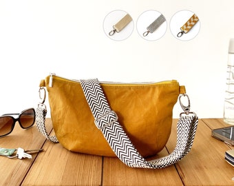 soft crossbody half-moon bag in curry yellow, vegan waxed cotton dumpling bag, small zippered crescent shoulder bag, trendy banana purse