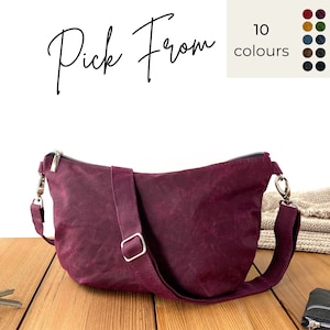 vegane Crossbody-tasche Beere, Halbmondtasche mit Reißverschluss aus gewachster Baumwolle, minimale, weiche, slouchige Croissanttasche, Umhängetasche