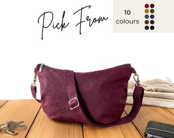 vegan crossbody bag berry, zippered crescent bag from waxed cotton fabric, minimal soft slouchy dumpling bag, midi croissant bag, sling bag