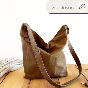 braune kleine Umhängetasche, gewachste Canvas Tasche mit Reißverschluss für Damen