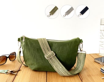 green lightweight halfmoon bag from waxed cotton fabric, wear underarm or crossbody, zippered and fully lined banana dumpling bag women
