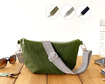 Green roomy half-moon bag with adjustable cotton strap, lightweight crossbody purse for daily use, crescent dumpling bag, croissant bag