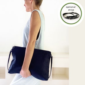 Marineblaue große lässige Clutch für Frauen, extra große Leinentasche mit Reißverschluss optional mit Riemen, Sommerferien Strandtasche, geräumige Tasche