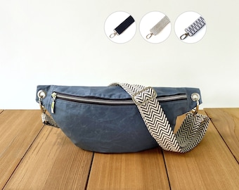 denim blue vegan slouchy bum bag from waxed cotton (oilskin), crossbody bag for women and men, small zippered festival purse with wide strap