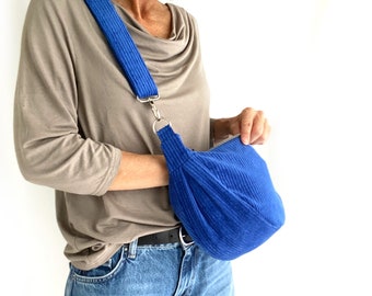 Trendy slouchy half moon bag, small but roomy daily bag with single main zip, comfortable crossbody bag royal blue soft cotton corduroy