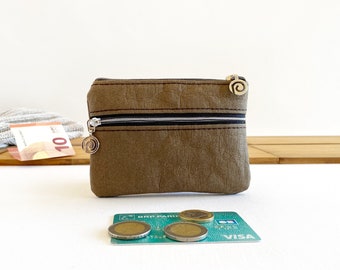 brown double zip pouch | money bag made from washable paper | vegan wallet