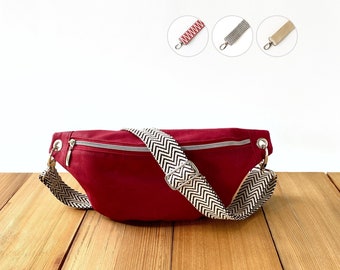 Weiche rote Bauchtasche mit breitem Baumwollgurt aus gewachster Baumwolle (Oilskin), kleine Crossbody-Bananentasche für Festival und Reisen, slouchy