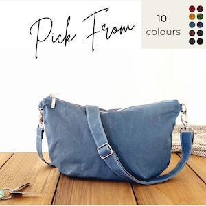 vegane denim blue crescent Tasche, kleine Cross-Body Umhängetasche mit verstellbarem Gurt, trendige Mondtasche für den täglichen Gebrauch, Bananentasche aus gewachster Baumwolle