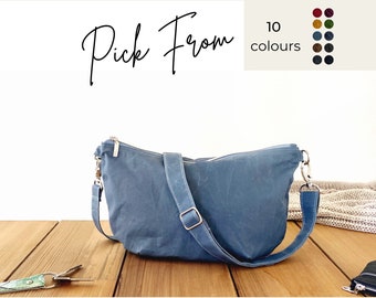 vegan denim blue crescent bag, small cross-body shoulder bag with adjustable strap, trendy moon bag for daily use, waxed cotton banana bag