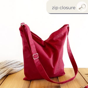 bolsa de lona encerada vermelha escura para mulheres, bolsa tiracolo com zíper