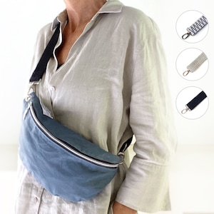 Jeansblaue Bauchtasche aus gewachster Baumwolle (Oilskin), Gürteltasche mit silbernem Reißverschluss, Gürteltasche mit breitem Riemen für Männer und Frauen