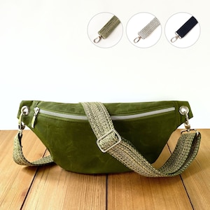 Weiche Gürteltasche aus gewachstem Baumwollstoff (Oilskin), vegane Gürteltasche, Festivaltasche mit silbernem Reißverschluss, weiche Bananentasche mit breitem Gurtband