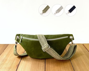 Soft fanny pack made from waxed cotton fabric (oilskin), vegan belt bag, festival purse with silver zipper, soft banana bag with wide strap