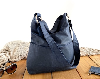 navy blue waxed canvas hobo bag for women, vegan shoulder bag, made to order