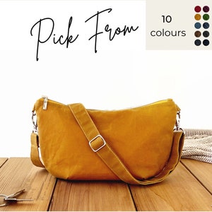 Senfgelbe kleine slouchy Umhängetasche, trendige Halbmondtasche aus Stoff, lässige weiche Bananen-Umhängetasche mit Reißverschluss, minimale Cross-Body-Bag