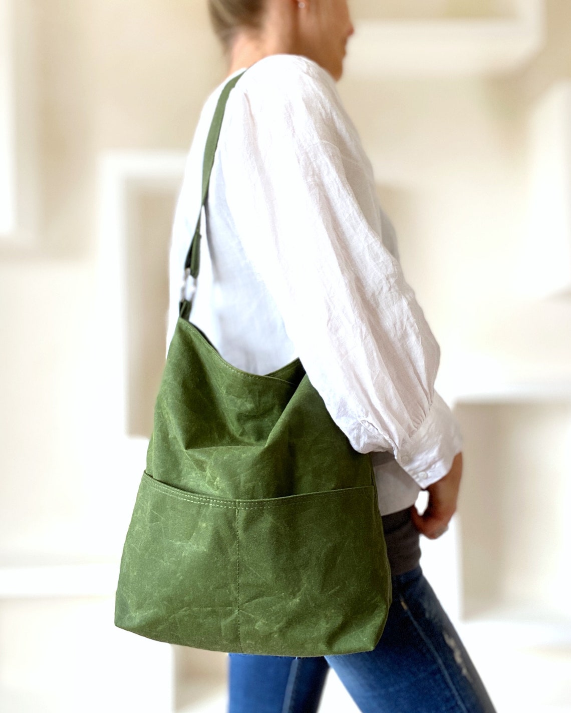 Green Waxed Canvas Hobo Bag for Women Vegan Hobo Bag Etsy