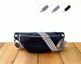 Soft and slouchy belly bag in navy blue made from waxed cotton (oilskin) with wide strap, small crossbody banana bag for festival and travel