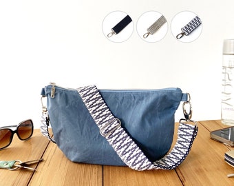 denim blue slouchy zippered half-moon bag, waxed cotton dumpling bag fully lined, casual lightweight banana bag, soft vegan shoulder bag