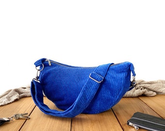 Slouchy half moon bag royal blue, trendy soft cotton corduroy, small but roomy daily bag with single main zip, comfortable crossbody bag