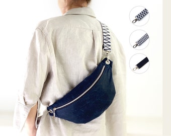 Vegan navy blue bum bag from waxed cotton (oilskin), cross body waist bag, small zippered festival purse, fanny pack with adjustable strap