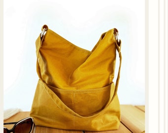 mustard yellow hobo bag for women, waxed canvas, vegan shoulder bag