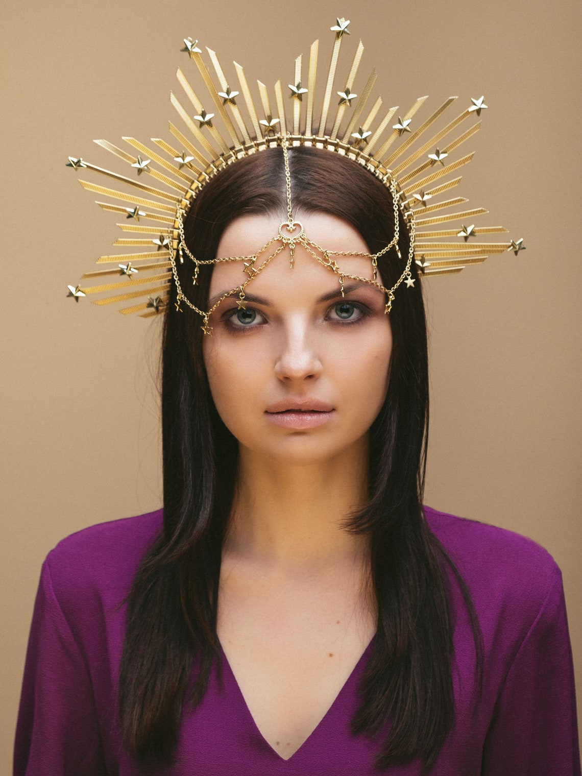 Star Crown Celestial Headpiece Gold Wedding Halo Crown Face Etsy